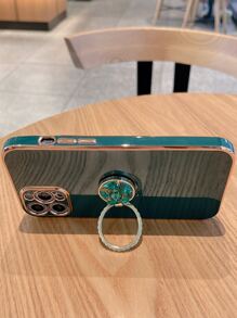 Green Straight-Edge Electroplated Rhinestone Stand Phone Case Compatible With IPhone15/15Plus/15Pro/15Promax - Dark Green - View 2