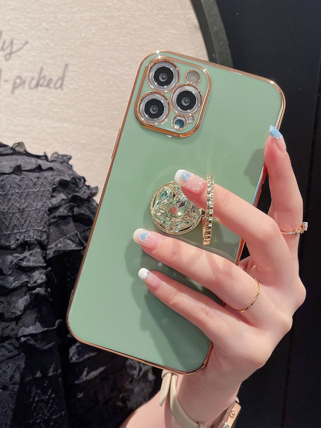 Straight Edge Rhinestone Plated Bracket Phone Case - Green - View 1