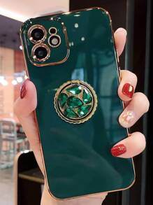 Green Straight-Edge Electroplated Rhinestone Stand Phone Case Compatible With IPhone15/15Plus/15Pro/15Promax - Dark Green - View 3