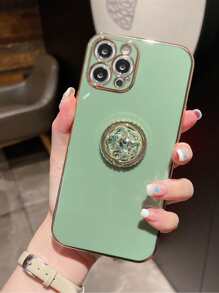 Straight Edge Rhinestone Plated Bracket Phone Case - Green - View 2