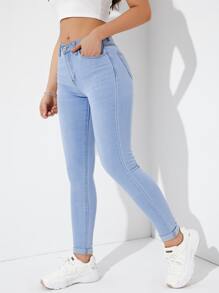 SHEIN Essnce Slant Pocket Skinny Jeans - Light Wash - View 1