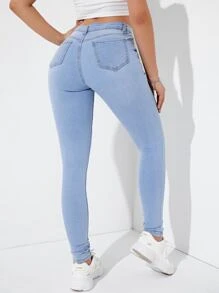 SHEIN Essnce Slant Pocket Skinny Jeans - Light Wash - View 2