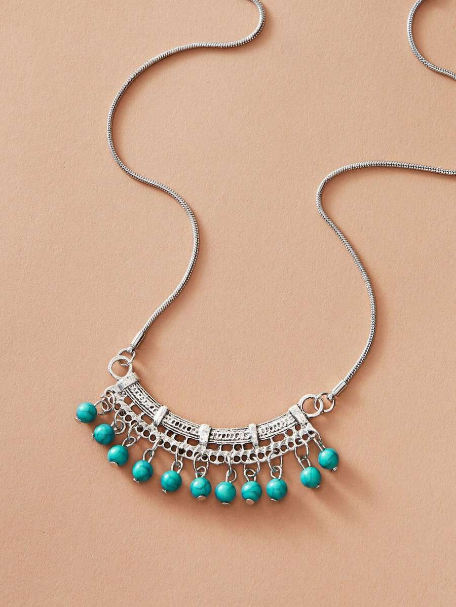 1pc Bohemian Turquoise Tassel Charm Necklace - Silver - View 1