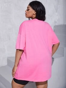 Slaydiva 大碼字母圖案落肩袖破洞T恤 - 粉色 - 查看 2