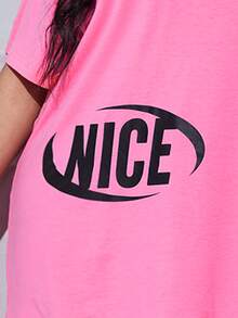 Slaydiva 大碼字母圖案落肩袖破洞T恤 - 粉色 - 查看 6