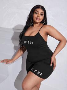 Slaydiva 大碼字母圖案吊帶緊身連體短褲 - 黑色 - 查看 3