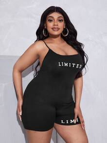 Slaydiva 大碼字母圖案吊帶緊身連體短褲 - 黑色 - 查看 5