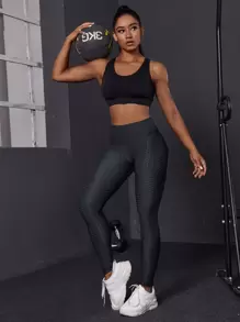 Powerista 緊縮褶皺臀部蜂窩紋理運動打底褲 - 深灰色 - 查看 3