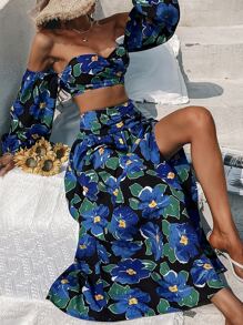 SHEIN Unity Floral Print Off Shoulder Crop Top & Ruched Split Thigh Skirt - Multicolor - View 1