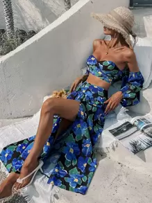 SHEIN Unity Floral Print Off Shoulder Crop Top & Ruched Split Thigh Skirt - Multicolor - View 6