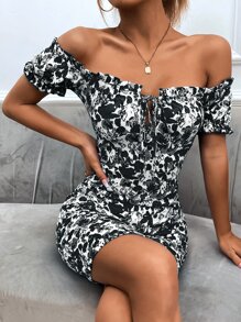SHEIN Privé 印花一字肩褶邊前打結緊身連衣裙 - 黑與白 - 查看 1