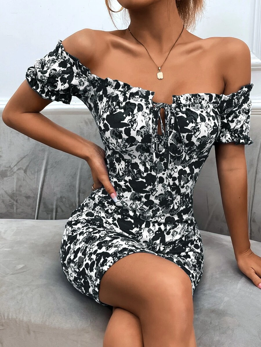 SHEIN Privé 印花一字肩褶邊前打結緊身連衣裙 - 黑與白 - 查看 1