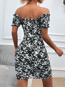 SHEIN Privé 印花一字肩褶邊前打結緊身連衣裙 - 黑與白 - 查看 2