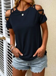 SHEIN LUNE Crisscross Cold Shoulder Tee - Navy Blue - View 1