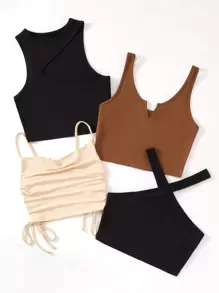 SHEIN Essnce Áo hai dây Dây kéo Thắt nút Xù Gân đan màu trơn Giải trí - Nhiều màu - Xem 6