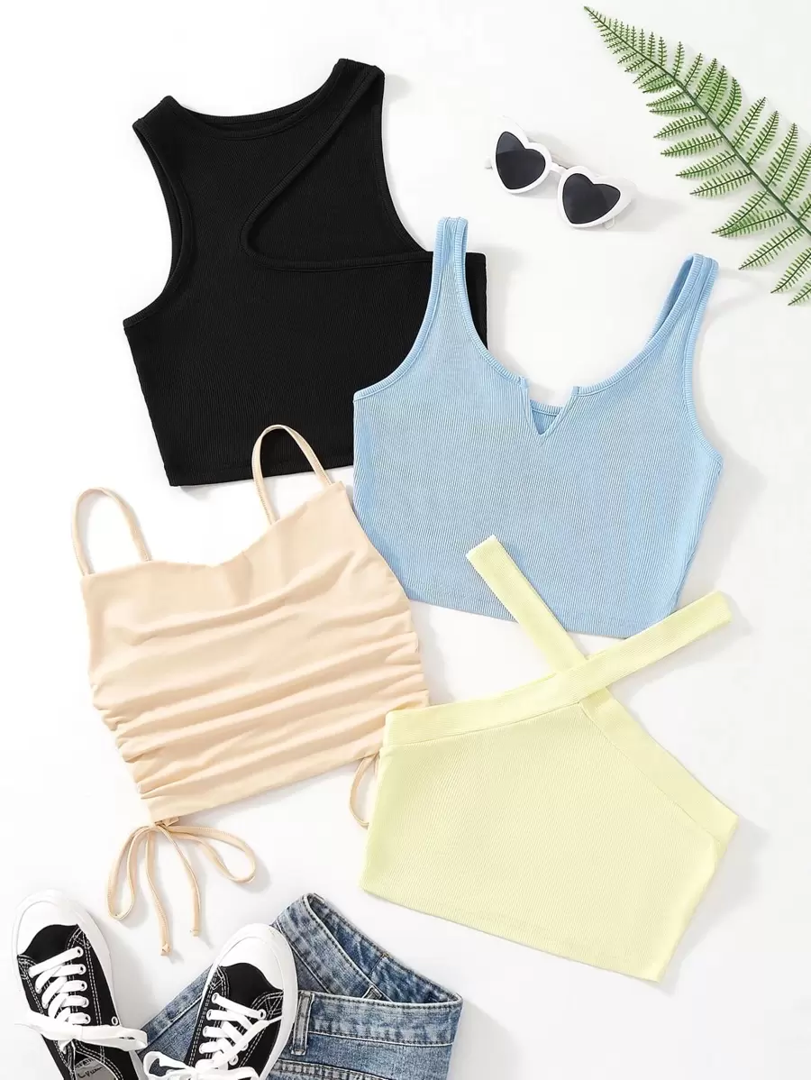 SHEIN Essnce 4入組缺口領背心上衣和抽繩吊帶上衣和掛脖上衣 - 彩色 - 查看 1