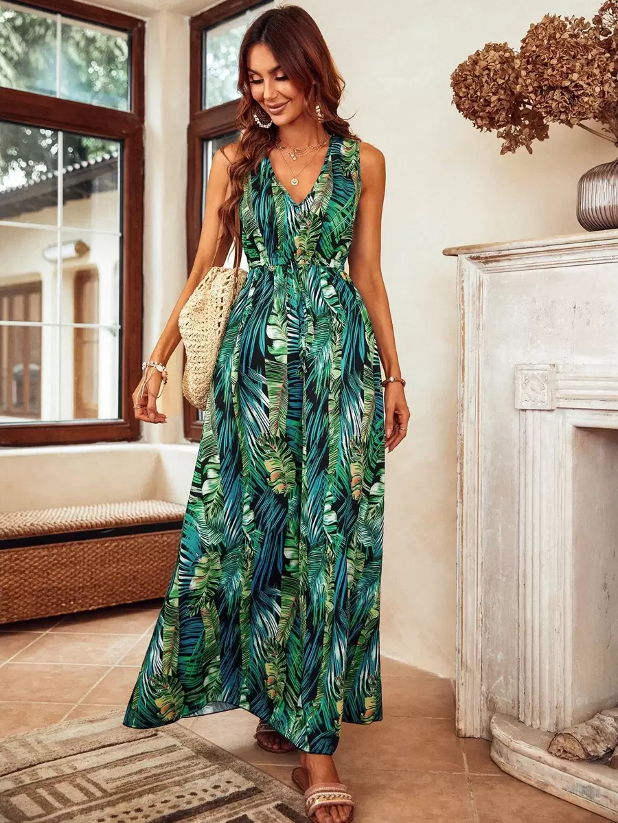 Breezaya Tropical Print Tie Back Dress Maxi Vacation Beach Outfits Women - Multicolor - View 1