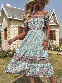 Floral Print Off Shoulder Ruffle Hem Dress - Multicolor - View 6