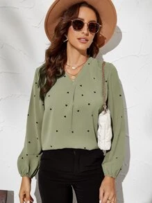SHEIN Frenchy Heart Print Bishop Sleeve Blouse - Army Green - View 1