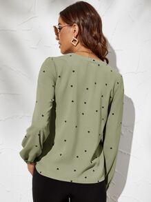 SHEIN Frenchy Heart Print Bishop Sleeve Blouse - Army Green - View 2