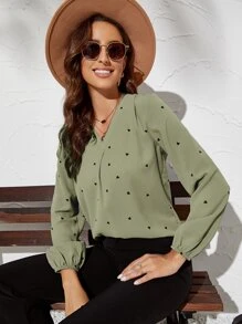 SHEIN Frenchy Heart Print Bishop Sleeve Blouse - Army Green - View 3