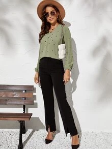 SHEIN Frenchy Heart Print Bishop Sleeve Blouse - Army Green - View 4
