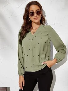 SHEIN Frenchy Heart Print Bishop Sleeve Blouse - Army Green - View 5