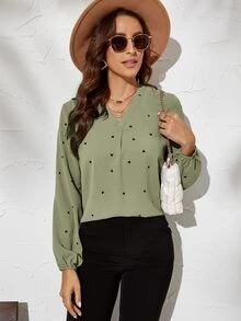 SHEIN Frenchy Heart Print Bishop Sleeve Blouse - Army Green - View 6