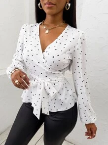 SOLERSUN Random Heart Print Surplice Neck Belted Blouse Women Shirt,Long Sleeve Tops Fall Cloth For Women - White - View 4