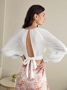 SHEIN Top con abertura con cordón trasero de manga raglán - Blanco - Ver 1
