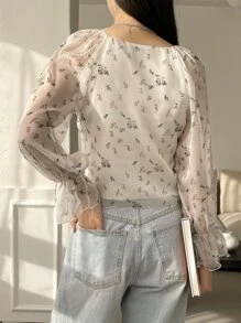DAZY Áo sơ mi có tay loe in hoa phía trước - Màu be - Xem 2