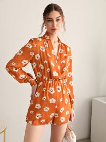 SHEIN VCAY Floral Print Plunge Romper - Multicolor - View 1
