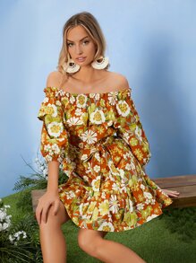 SHEIN VCAY 印花荷葉邊一字肩繫腰帶連衣裙 - 彩色 - 查看 5
