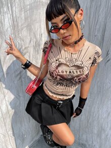 ROMWE PUNK Heart & Floral Lettuce Trim Mesh Top - Multicolor - View 3