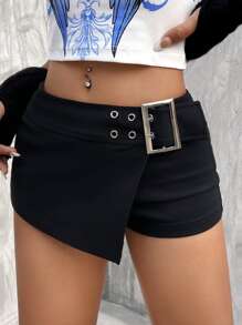 ROMWE PUNK Low Rise Grommet Eyelet Buckle Detail Shorts - Black - View 1