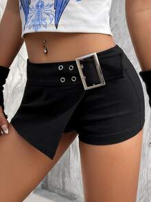 ROMWE PUNK Low Rise Grommet Eyelet Buckle Detail Shorts - Black - View 4