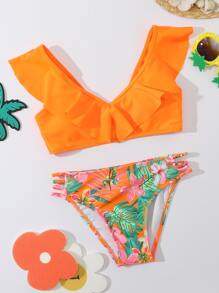 Tween Girl Tropical Print Ruffle Trim Bikini Set Summer Beach - Multicolor - View 1