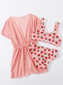 Tween Girl 3packs Strawberry Print Drawstring Waist Bikini Set Summer Beach - Multicolor - View 2