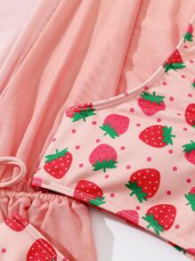 Tween Girl 3packs Strawberry Print Drawstring Waist Bikini Set Summer Beach - Multicolor - View 3