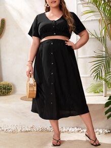 SHEIN 孕婦大碼前紐扣短款上衣和裙子套裝 - 黑色 - 查看 1