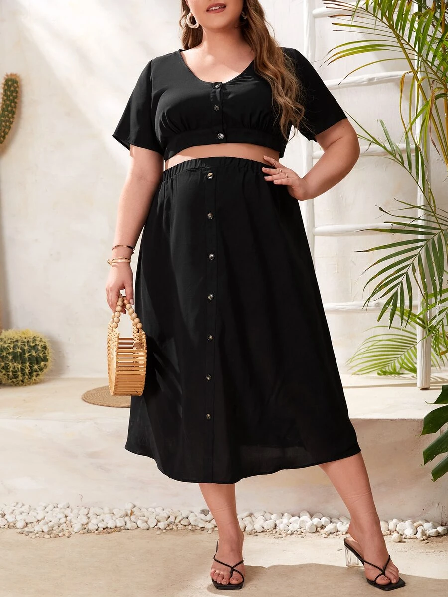 SHEIN 孕婦大碼前紐扣短款上衣和裙子套裝 - 黑色 - 查看 1