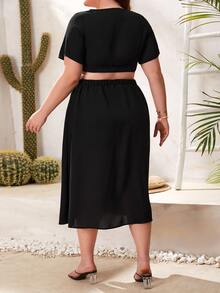 SHEIN 孕婦大碼前紐扣短款上衣和裙子套裝 - 黑色 - 查看 2