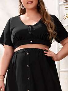 SHEIN 孕婦大碼前紐扣短款上衣和裙子套裝 - 黑色 - 查看 3