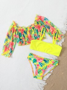 SHEIN Young Girl 3packs Random Tropical Print Frill Trim Bikini Set Summer Beach - Multicolor - View 5
