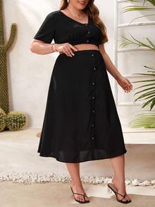 SHEIN 孕婦大碼前紐扣短款上衣和裙子套裝 - 黑色 - 查看 4