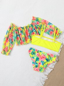 SHEIN Young Girl 3packs Random Tropical Print Frill Trim Bikini Set Summer Beach - Multicolor - View 2