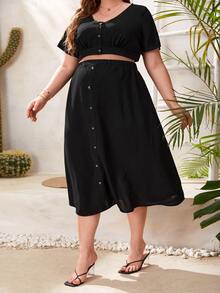 SHEIN 孕婦大碼前紐扣短款上衣和裙子套裝 - 黑色 - 查看 6