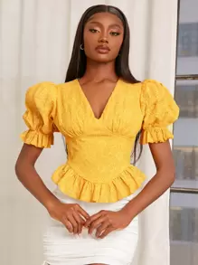 SHEINNeu Áo sơ mi nữ Bất đối xứng Xù Viên lá sen Hoa Boho - Màu vàng - Xem 1