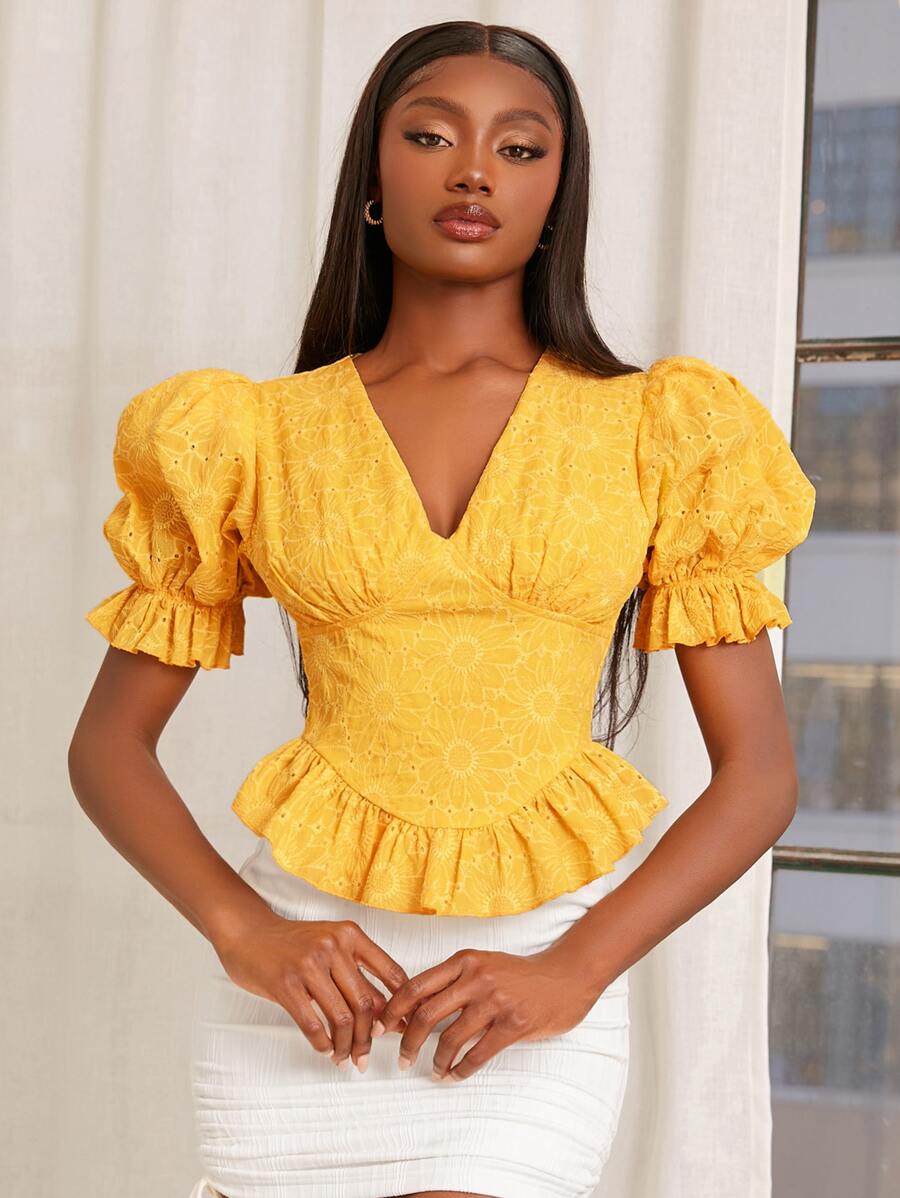 SHEINNeu Áo sơ mi nữ Bất đối xứng Xù Viên lá sen Hoa Boho - Màu vàng - Xem 1