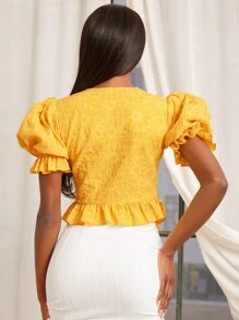 SHEINNeu Áo sơ mi nữ Bất đối xứng Xù Viên lá sen Hoa Boho - Màu vàng - Xem 2